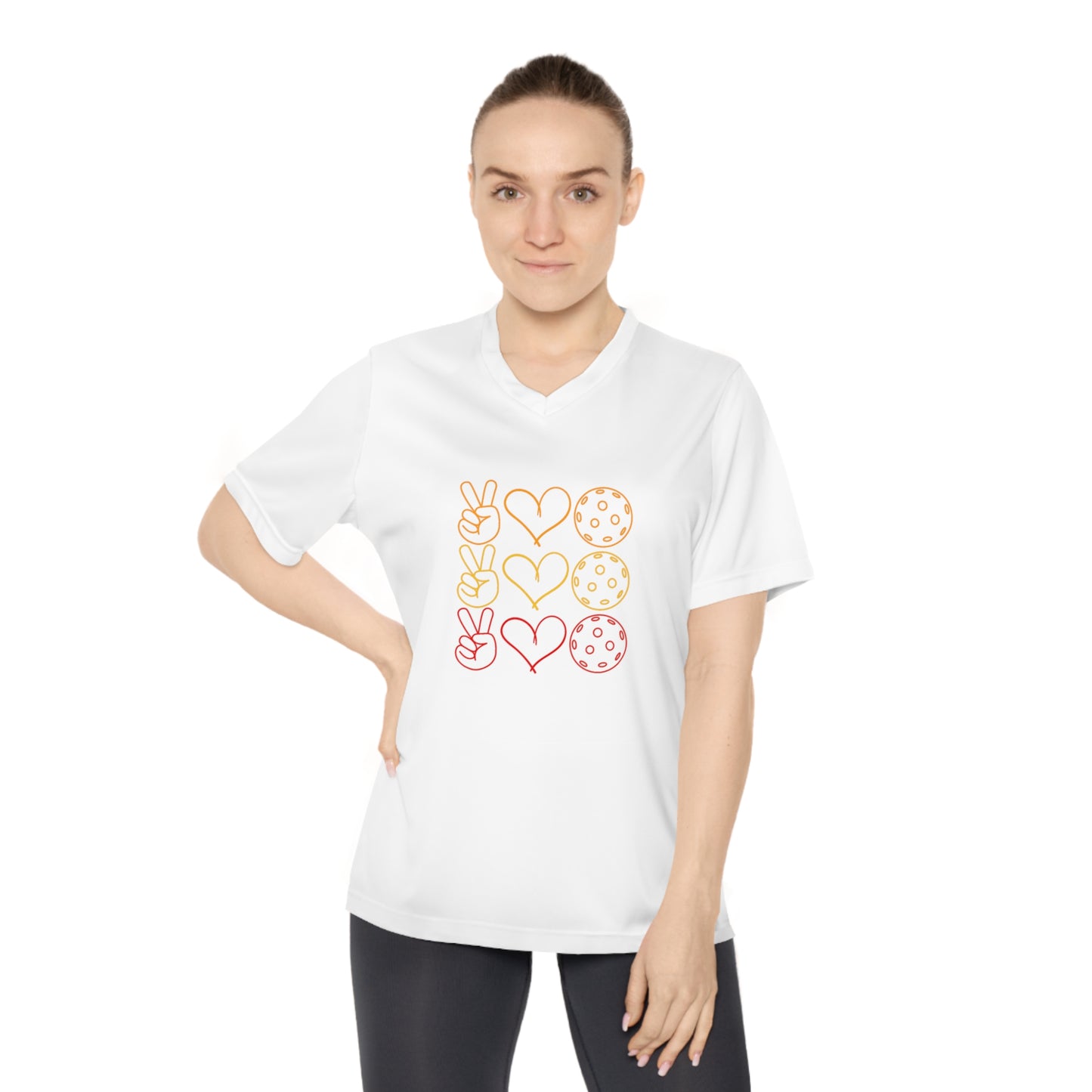 Peace, Love, Pickleball. 3 Color Imprint. Women's Performance V-Neck