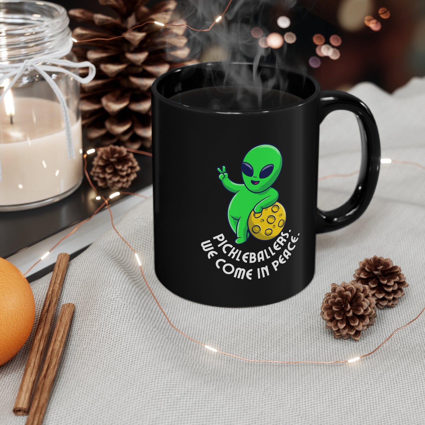 Pickleballers. We Come In Peace. Color Imprint. 11 Oz Black Coffee Mug