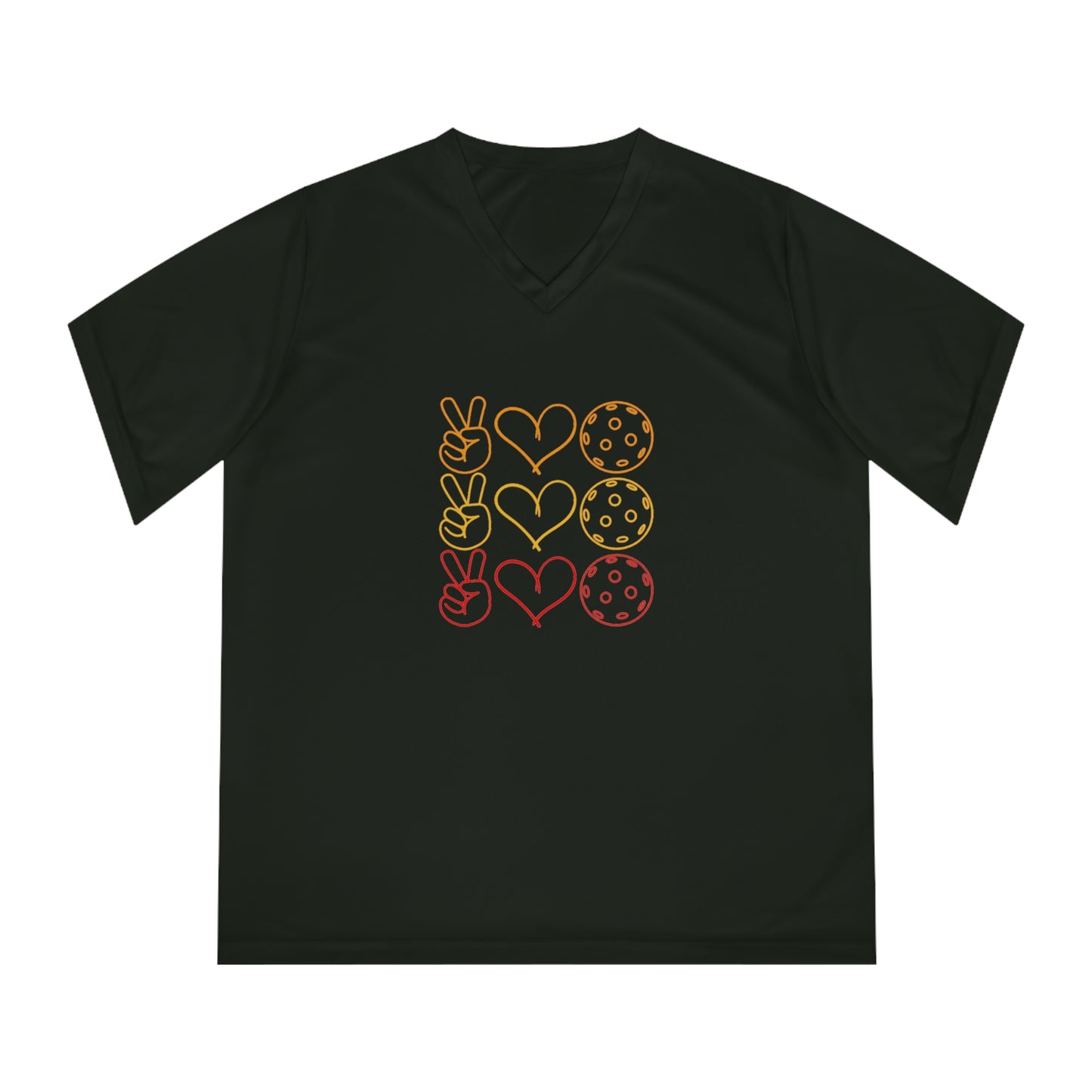 Peace, Love, Pickleball. 3 Color Imprint. Women's Performance V-Neck