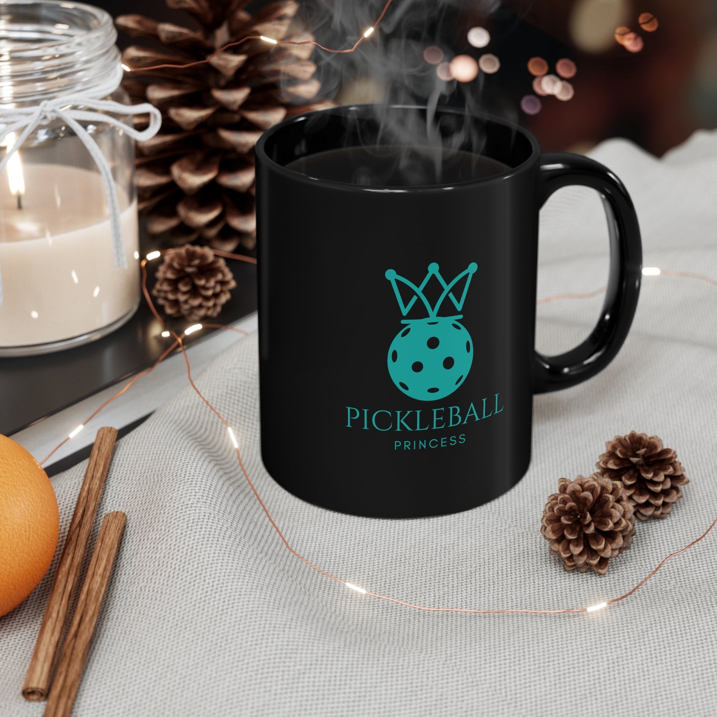 Pickleball Princess Tiffany Blue Imprint. 11 Oz Black Coffee Mug
