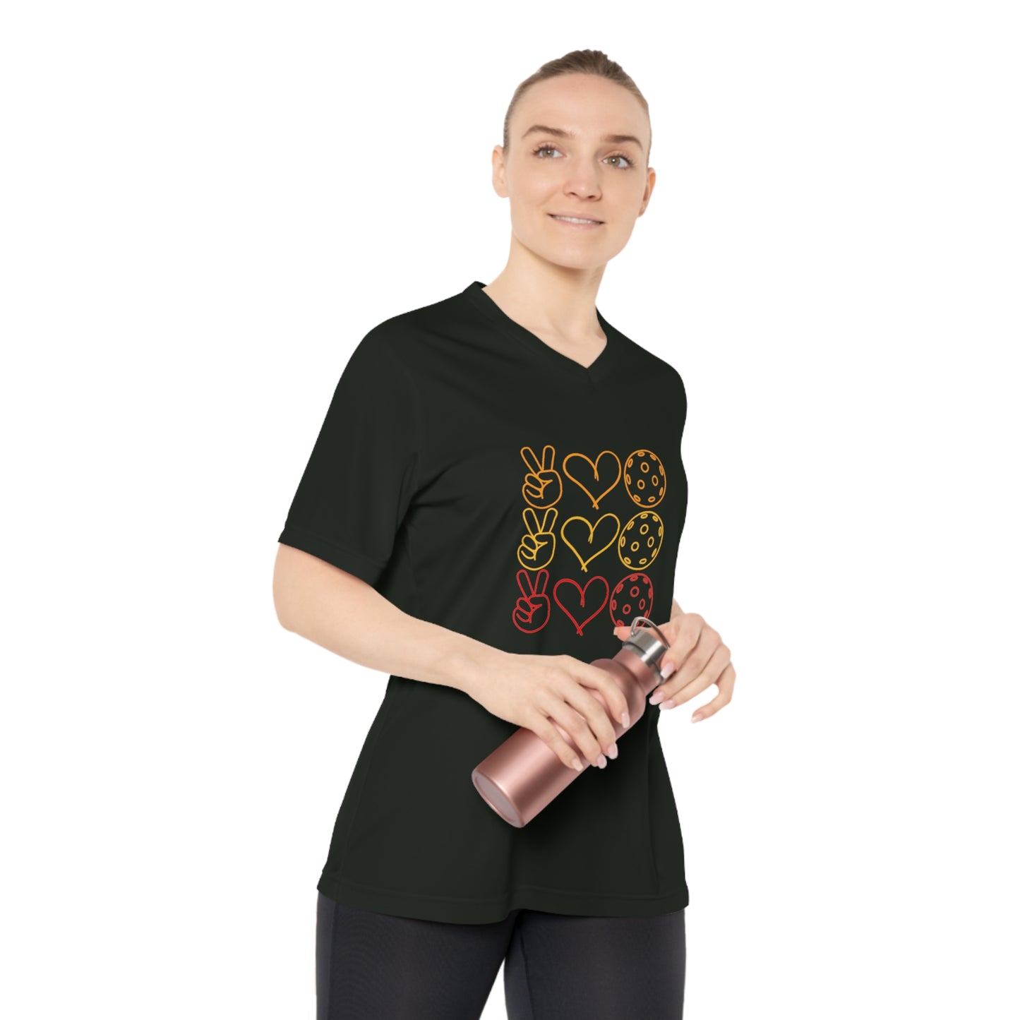 Peace, Love, Pickleball. 3 Color Imprint. Women's Performance V-Neck