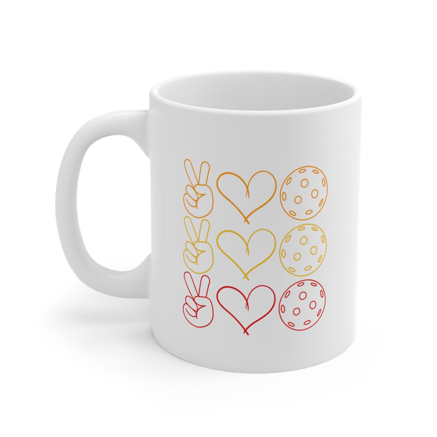 Peace, Love, Pickleball. 3 Color Imprint. 11 Oz White Coffee Mug