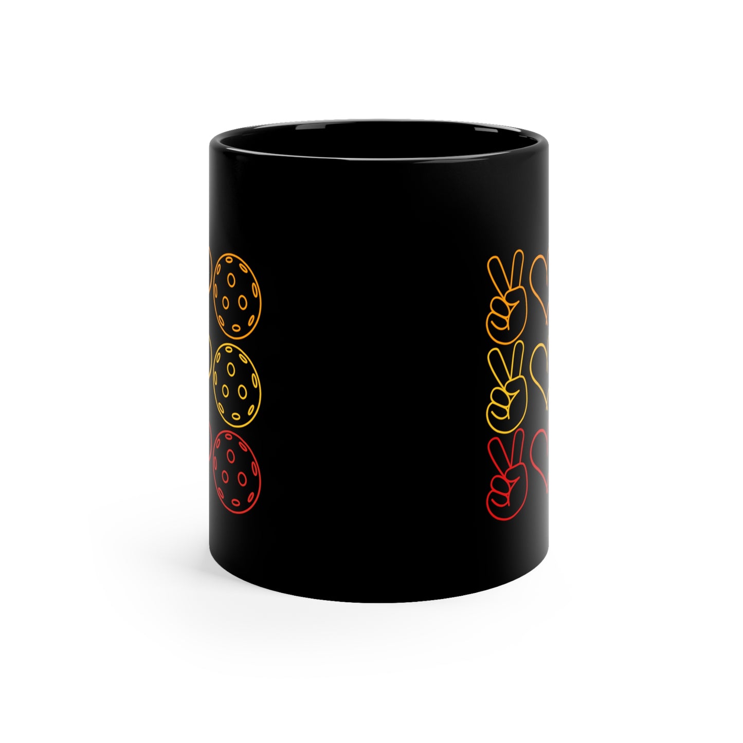 Peace, Love, Pickleball. 3 Color Imprint. 11 Oz Black Coffee Mug