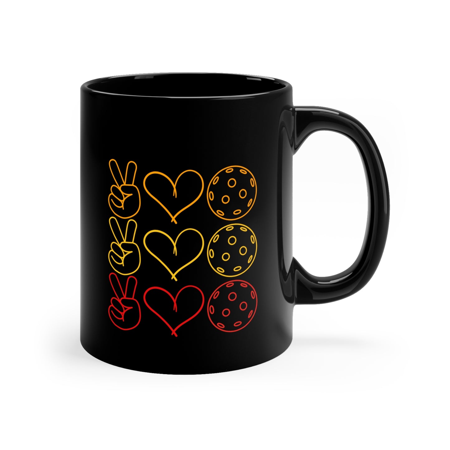 Peace, Love, Pickleball. 3 Color Imprint. 11 Oz Black Coffee Mug
