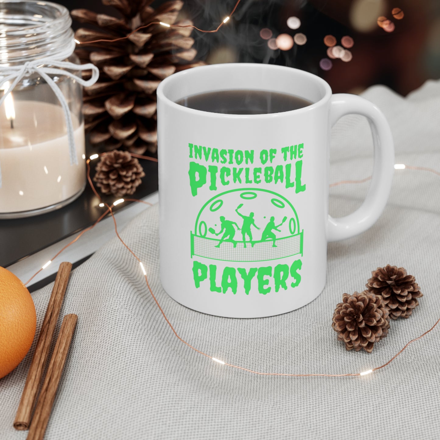 Invasion Of The Pickleball Players.  Green Imprint. 11 Oz White Coffee Mug