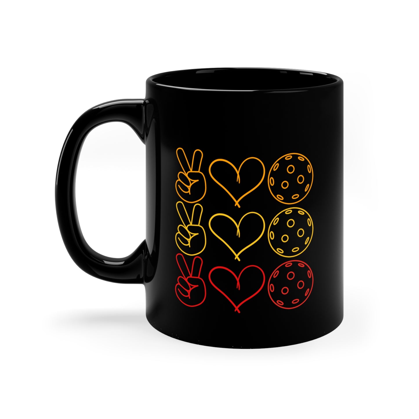 Peace, Love, Pickleball. 3 Color Imprint. 11 Oz Black Coffee Mug