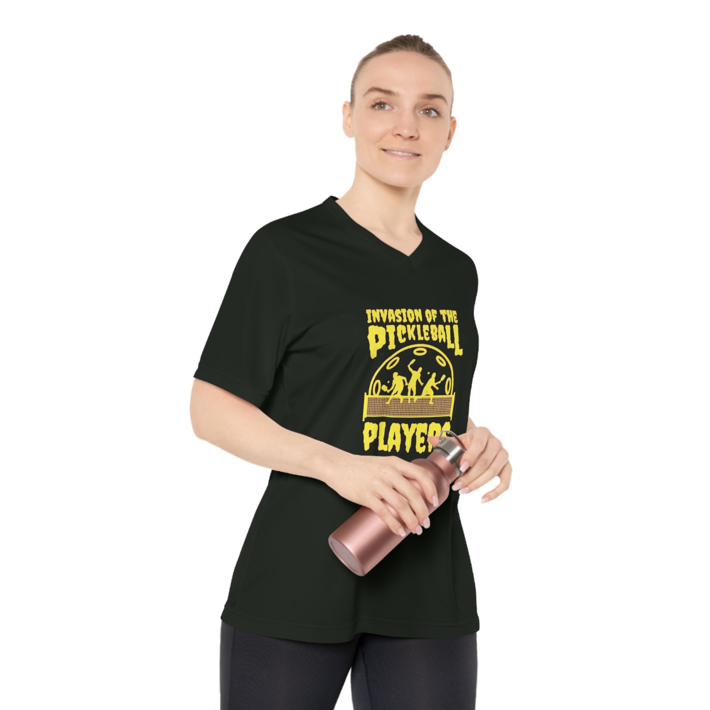 Invasion Of The Pickleball Players. Yellow Imprint. Women's Performance V-Neck