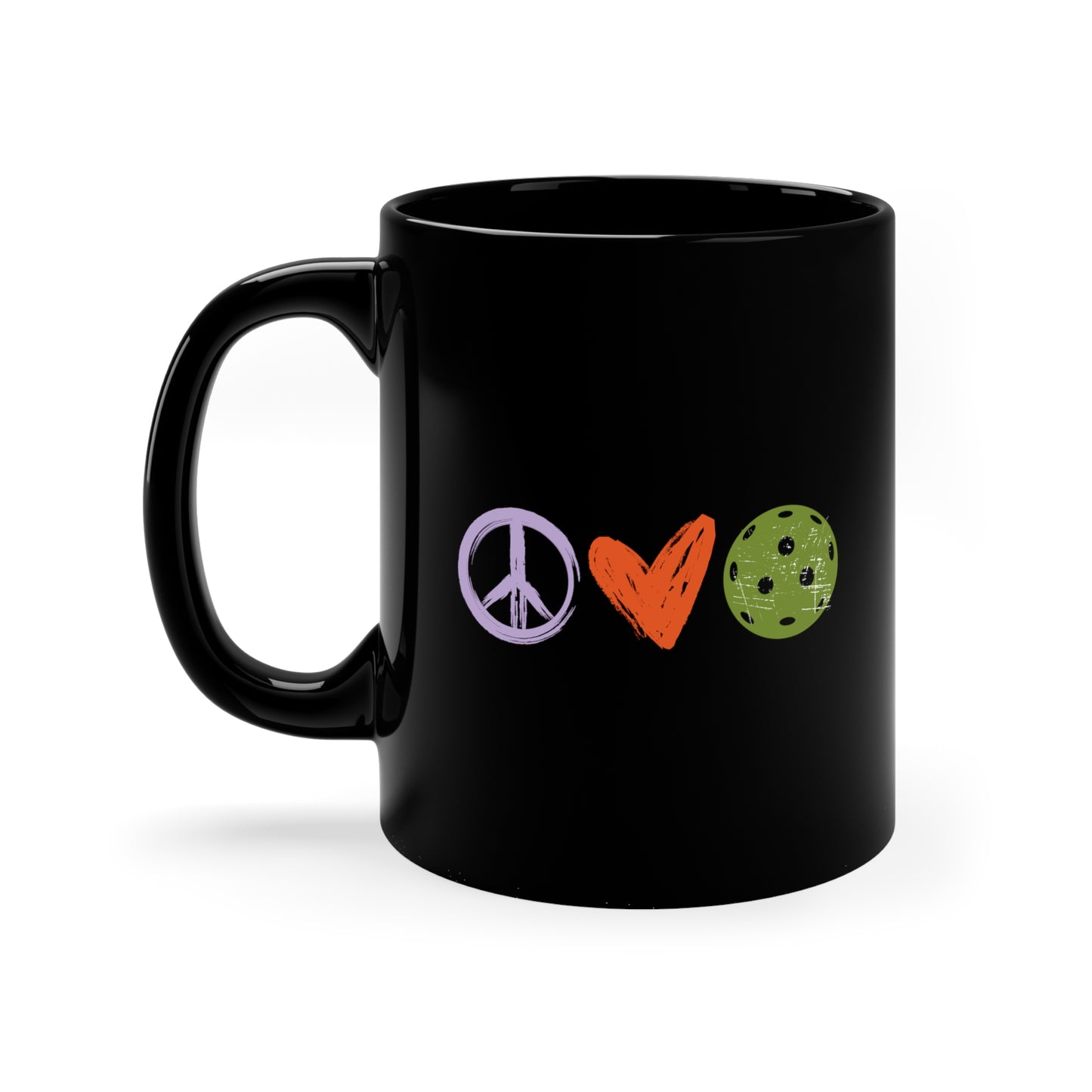 Peace, Love, Pickleball. Color Imprint. 11 Oz Black Coffee Mug