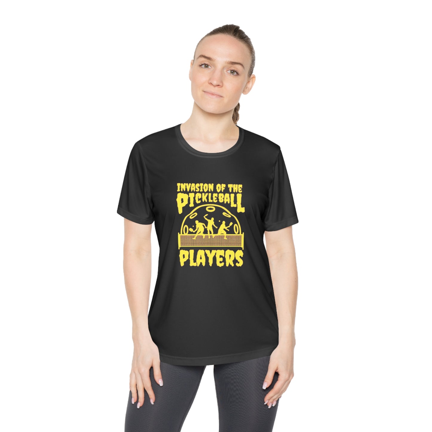 Invasion Of The Pickleball Players.  Yellow Imprint. Women's Moisture Wicking