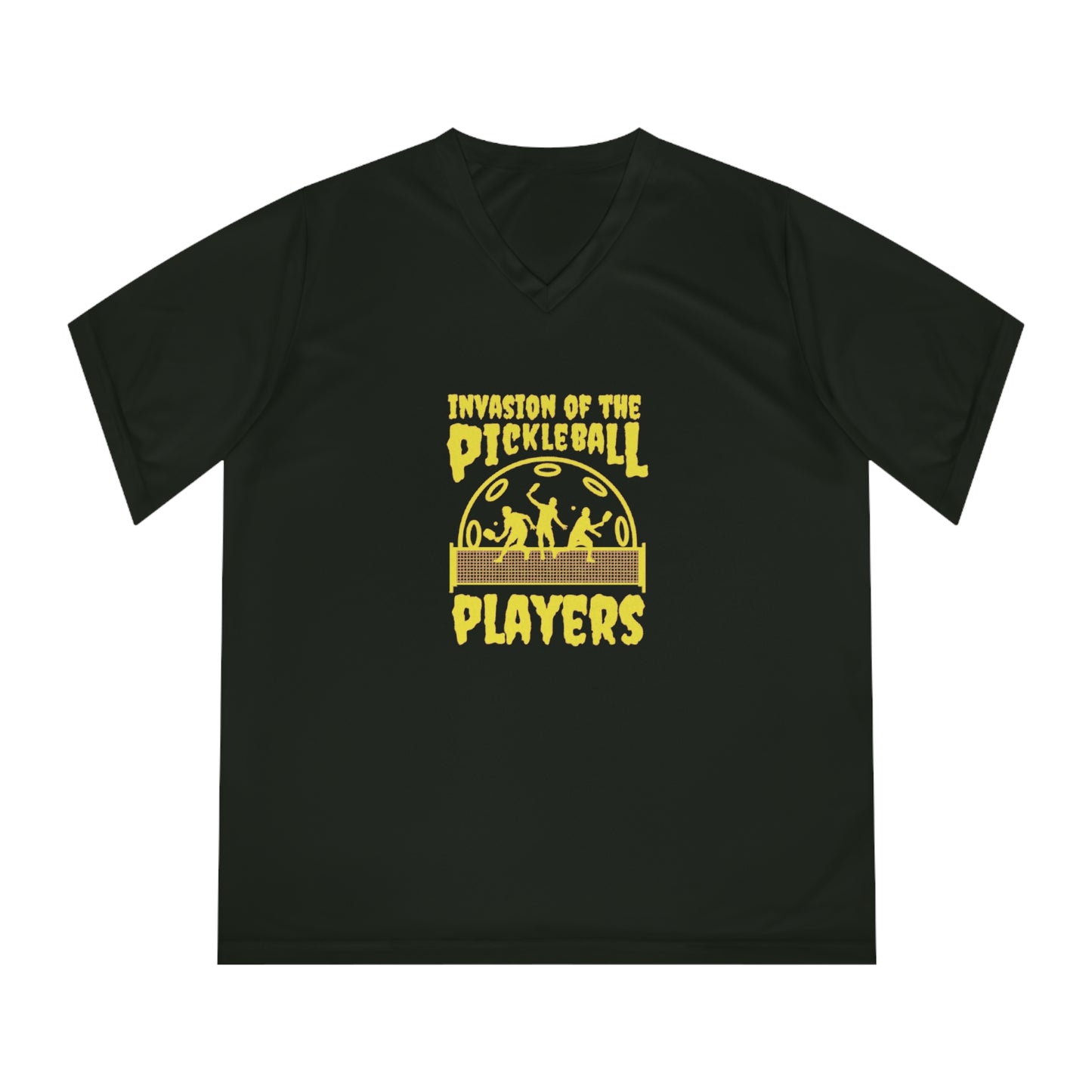 Invasion Of The Pickleball Players. Yellow Imprint. Women's Performance V-Neck