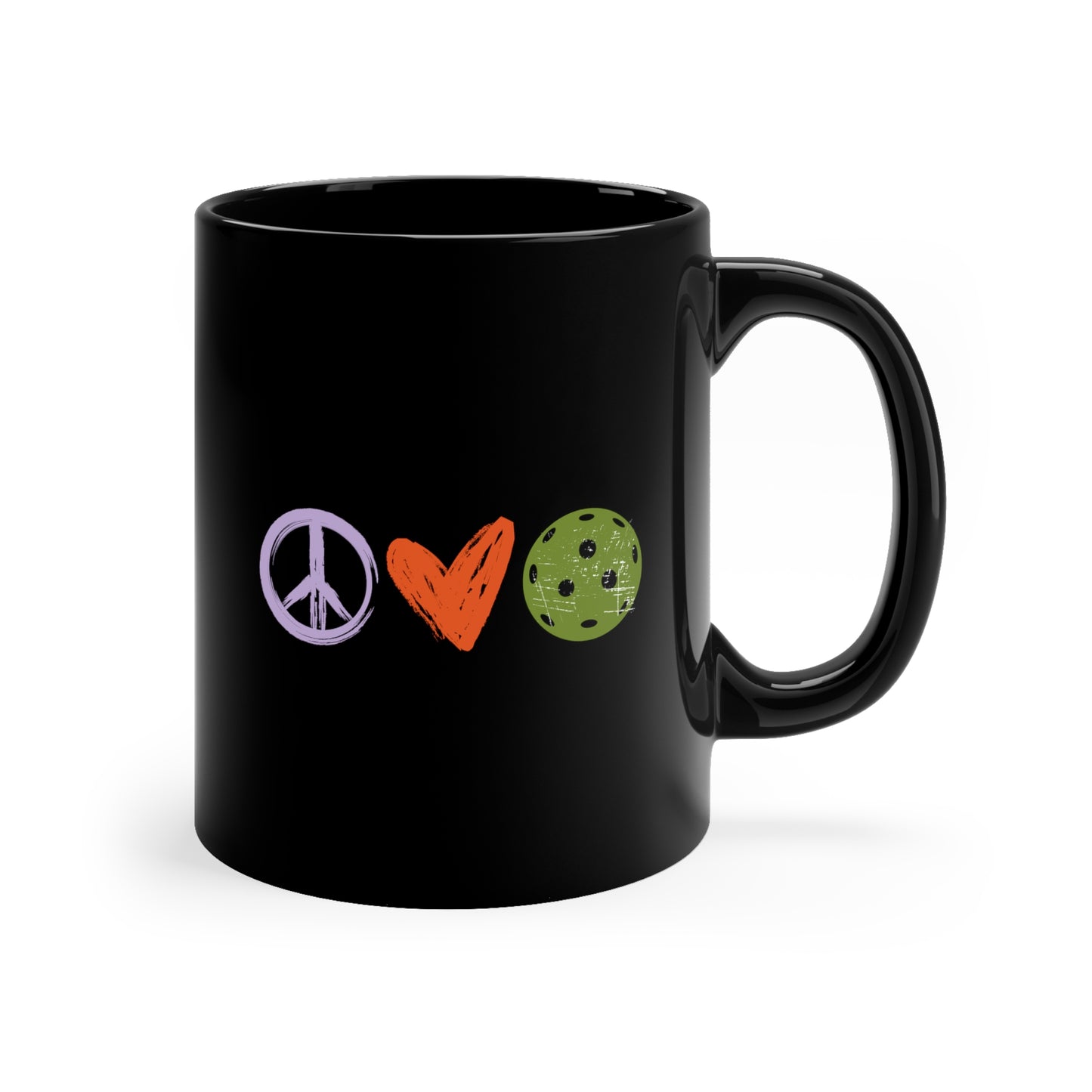 Peace, Love, Pickleball. Color Imprint. 11 Oz Black Coffee Mug