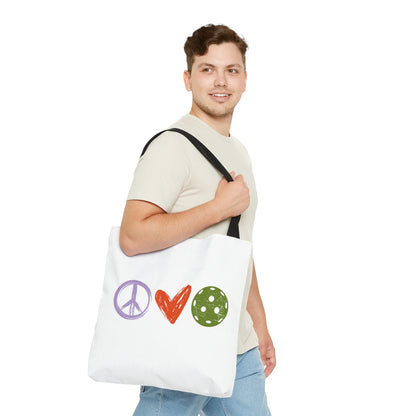 Peace, Love, Pickleball. Color Imprint. Tote Bag