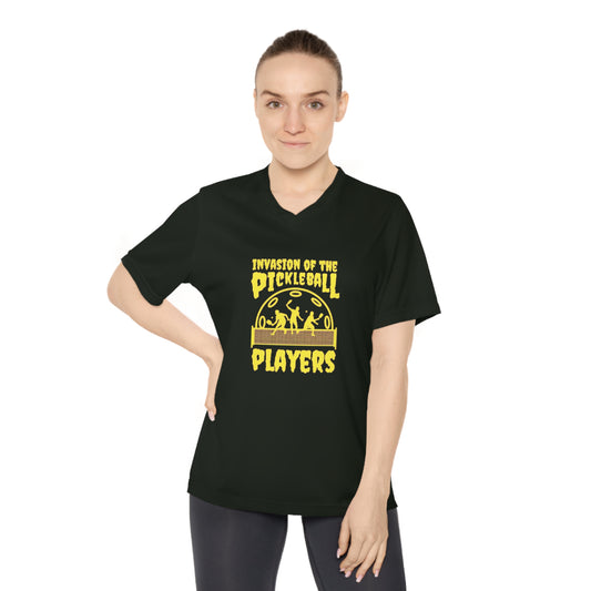 Invasion Of The Pickleball Players. Yellow Imprint. Women's Performance V-Neck