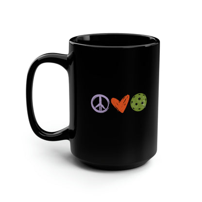 Peace, Love, Pickleball. Color Imprint. 15 Oz Black Coffee Mug