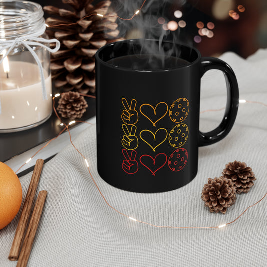 Peace, Love, Pickleball. 3 Color Imprint. 11 Oz Black Coffee Mug