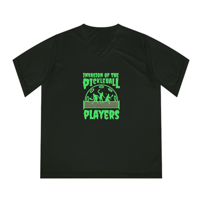 Invasion Of The Pickleball Players. Green Imprint. Women's Performance V-Neck