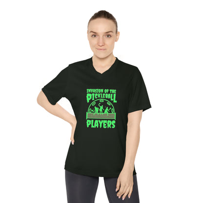 Invasion Of The Pickleball Players. Green Imprint. Women's Performance V-Neck