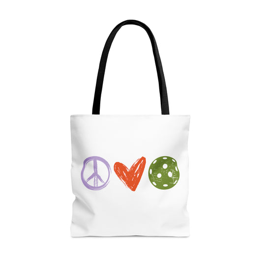 Peace, Love, Pickleball. Color Imprint. Tote Bag