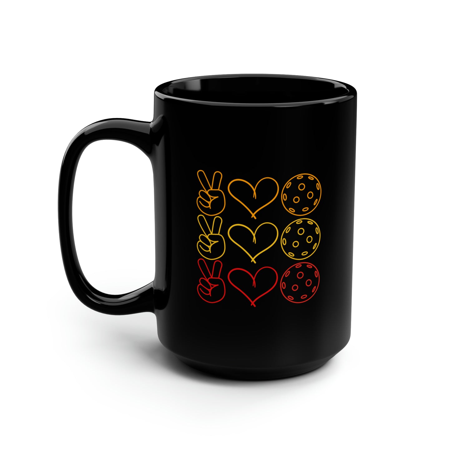 Peace, Love, Pickleball. 3 Color Imprint. 15 Oz Black Coffee Mug