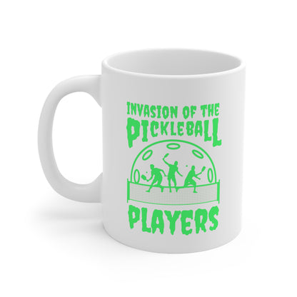 Invasion Of The Pickleball Players.  Green Imprint. 11 Oz White Coffee Mug