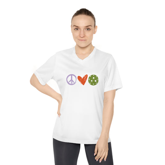 Peace, Love, Pickleball. Color Imprint. Women's Performance V-Neck