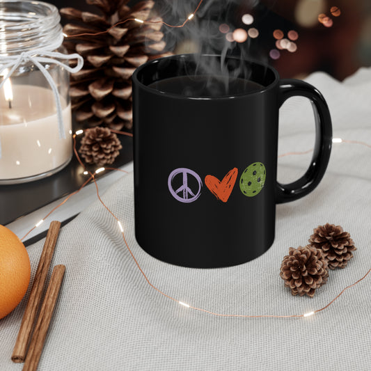 Peace, Love, Pickleball. Color Imprint. 11 Oz Black Coffee Mug