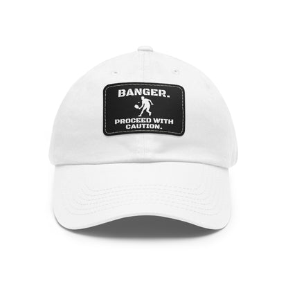 Banger.  Proceed With Caution. Baseball Cap with Leather Patch