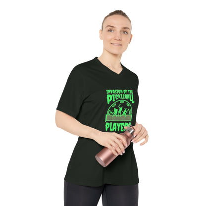 Invasion Of The Pickleball Players. Green Imprint. Women's Performance V-Neck