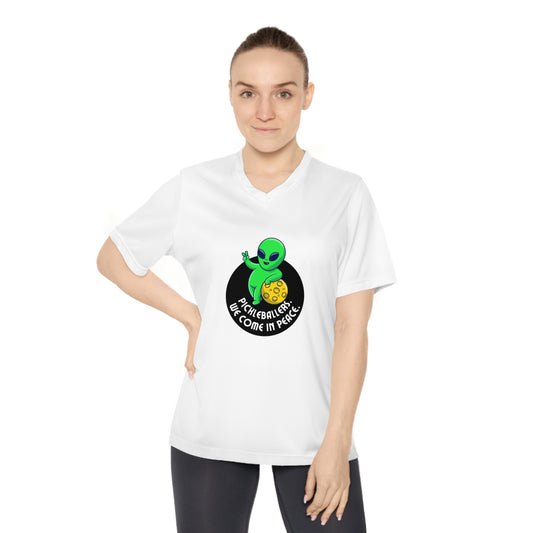 Pickleballers. We Come In Peace. Color Imprint. Women's Performance V-Neck