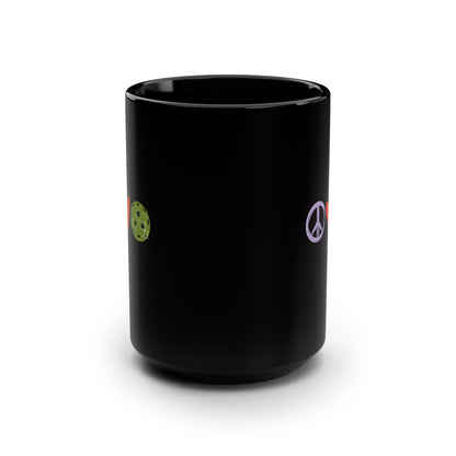 Peace, Love, Pickleball. Color Imprint. 15 Oz Black Coffee Mug