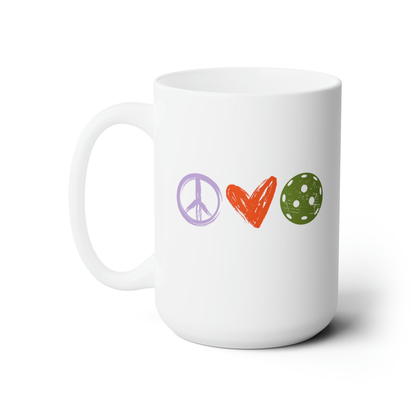 Peace, Love, Pickleball. Color Imprint. 15 Oz White Coffee Mug