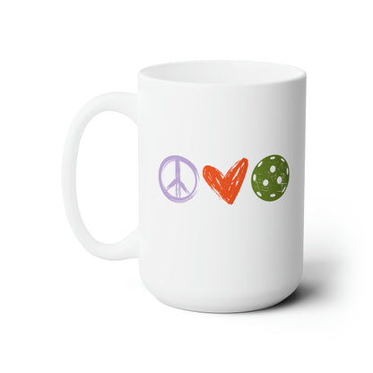 Peace, Love, Pickleball. Color Imprint. 15 Oz White Coffee Mug