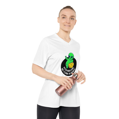 Pickleballers. We Come In Peace. Color Imprint. Women's Performance V-Neck