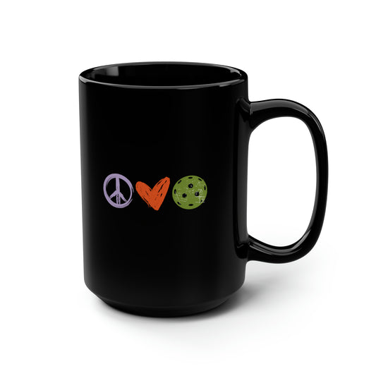 Peace, Love, Pickleball. Color Imprint. 15 Oz Black Coffee Mug