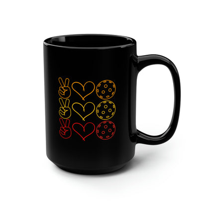 Peace, Love, Pickleball. 3 Color Imprint. 15 Oz Black Coffee Mug