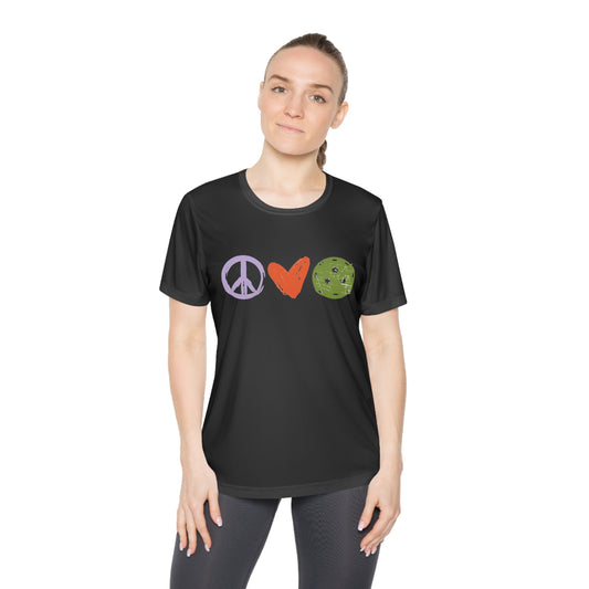 Peace, Love, Pickleball. Color Imprint. Women's Moisture Wicking