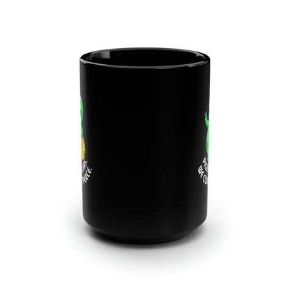 Pickleballers. We Come In Peace. Color Imprint. 15 Oz Black Coffee Mug