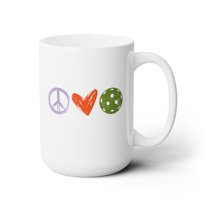 Peace, Love, Pickleball. Color Imprint. 15 Oz White Coffee Mug