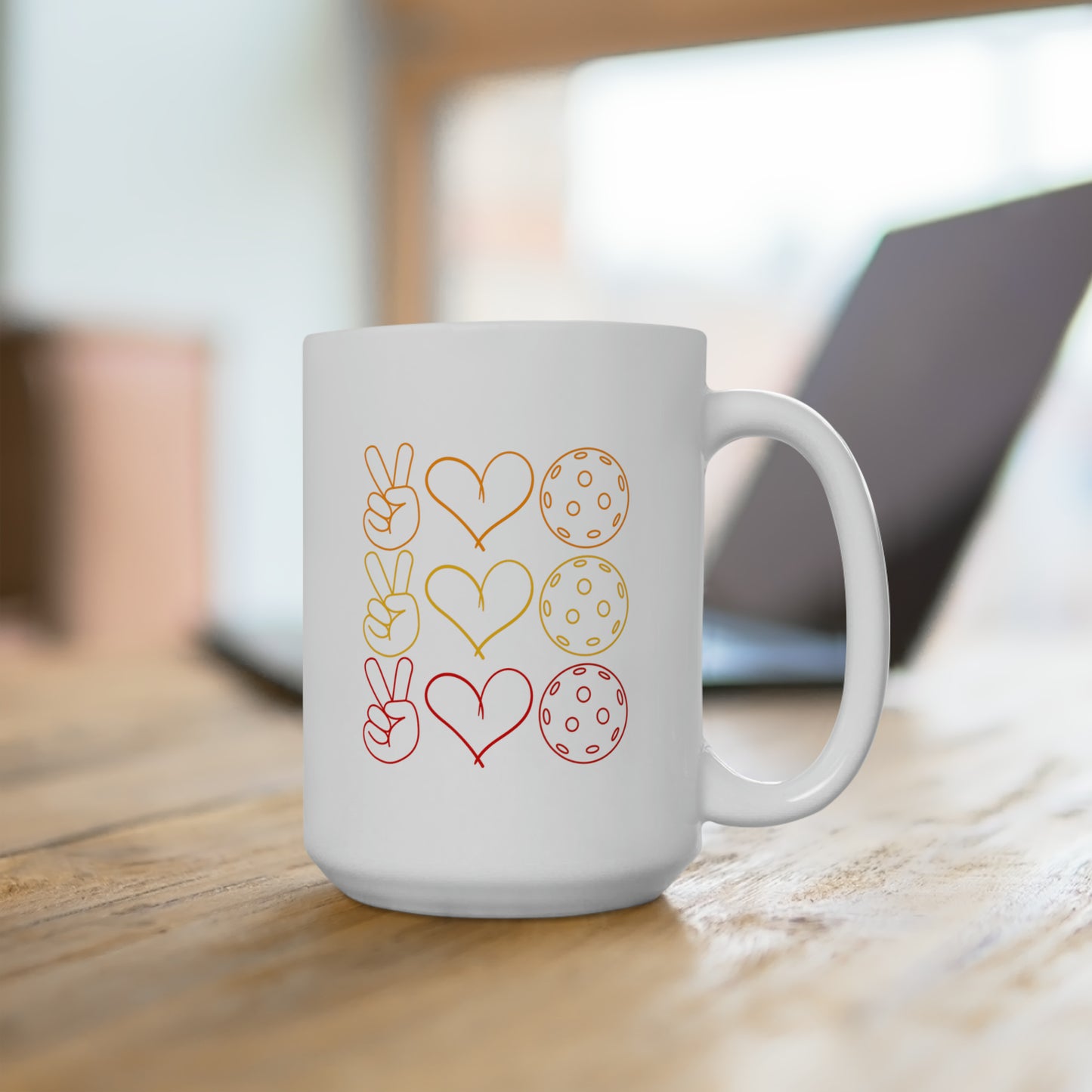 Peace, Love, Pickleball. 3 Color Imprint. 15 Oz White Coffee Mug