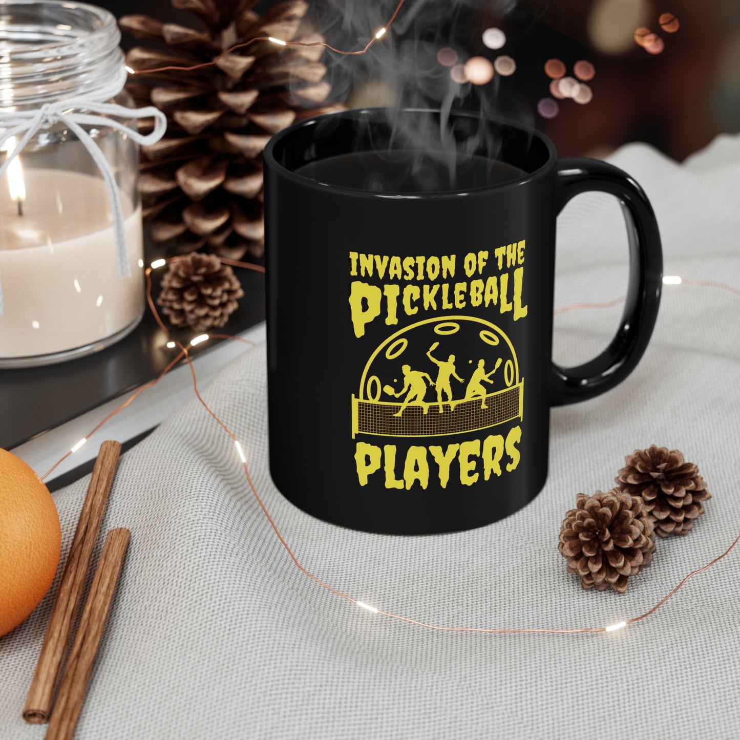 Invasion Of The Pickleball Players.  Yellow Imprint. 11 Oz Black Coffee Mug