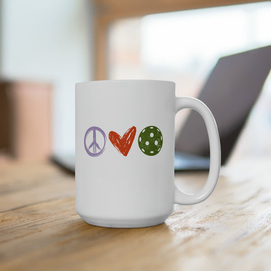 Peace, Love, Pickleball. Color Imprint. 15 Oz White Coffee Mug