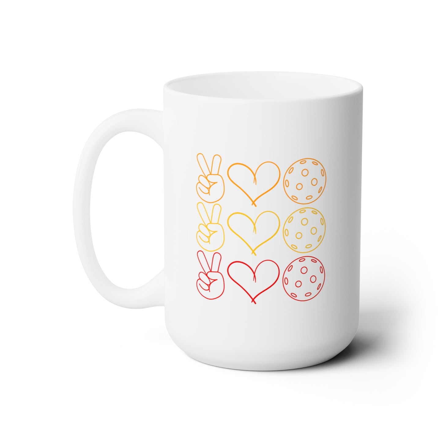 Peace, Love, Pickleball. 3 Color Imprint. 15 Oz White Coffee Mug