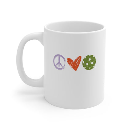 Peace, Love, Pickleball. Color Imprint. 11 Oz White Coffee Mug